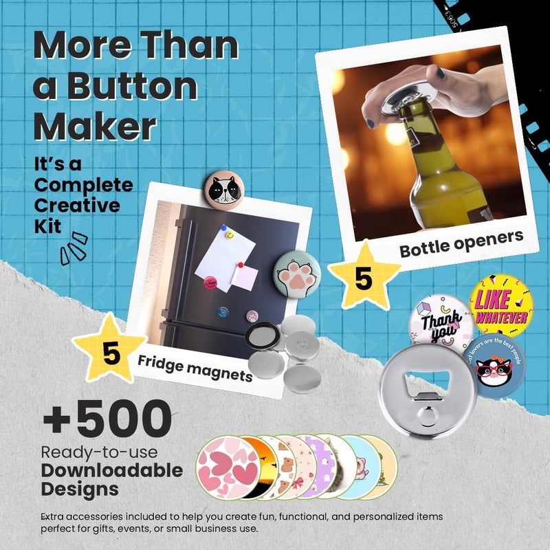 nice2have Button Maker Machine – 2.25 Inch (58mm) – Single Mold, Pin Maker Machine Kit with 100 Buttons, 5 Fridge Magnets, 5 Bottle Openers, Cutters, and 500+ Button Designs for DIY Crafts, Green - Image 2